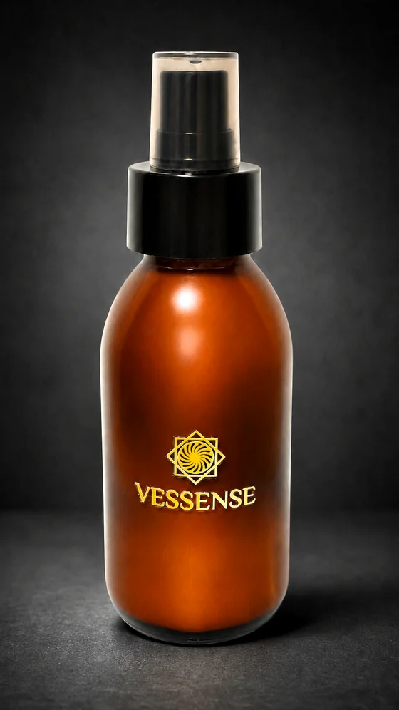 VESSENSE LE VOILE GRAND LARGE Sonnenmilch in einer 100-ml-Flasche aus dunklem Bernsteinglas mit schwarzer Pumpe